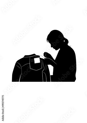 Person sewing patch on clothes sustainable fashion and repair culture silhouette vector