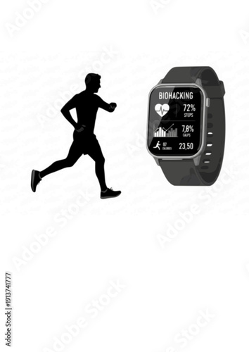 Runner checking smartwatch fitness tracker biohacking and health data silhouette vector