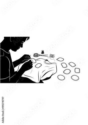 Person sewing patch on clothes sustainable fashion and repair culture silhouette vector