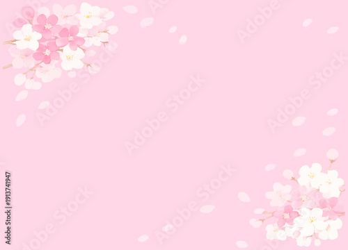 水彩風の春の桜のフレーム　ひな祭り　右上と左下に余白　ベクター素材　あしらい