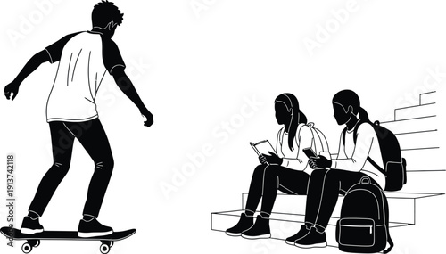Black silhouette of students sitting on stairs and boy skateboarding vector, teen lifestyle back to school education concept, campus activity.