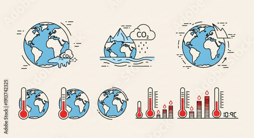 Global Warming Climate Change Icons Set Earth Thermometer Melting Ice.