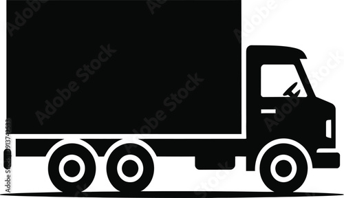 Black delivery truck silhouette vector, commercial cargo van icon, logistics transport symbol, isolated shipping vehicle illustration, freight distribution sign, industrial.