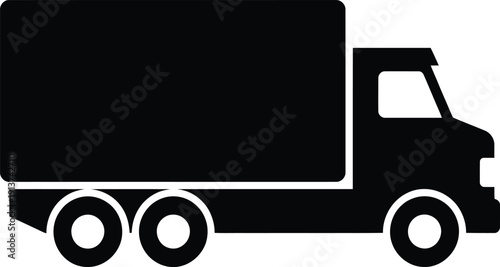 Black delivery truck silhouette vector, commercial cargo van icon, logistics transport symbol, isolated shipping vehicle illustration, freight distribution sign, professional.