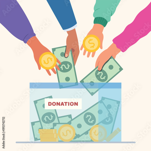Concept of charity and donation. Hand giving money for donation. Support and help people concept.