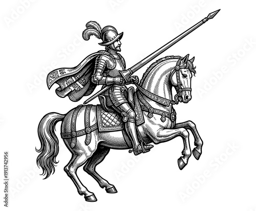 Medieval knight with lance on rearing horse