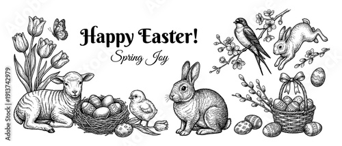 Easter banner with bunny lamb and eggs in vintage engraving style