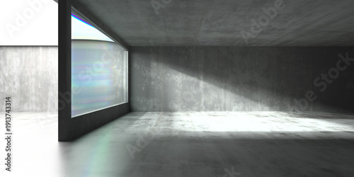 Minimalist concrete architectural interior with sunlight beam and large window. 3d render