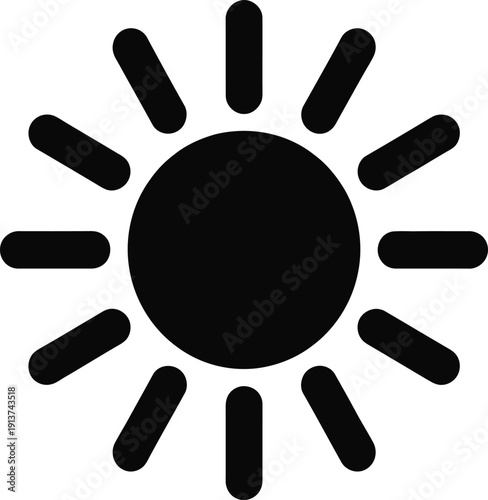 Sun icon silhouette, bright sunshine symbol, weather forecast graphic, summer heat element, solar energy icon, daytime sky rays, shining star.