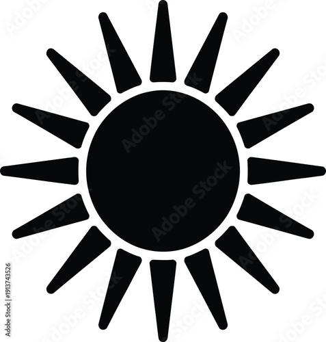 Sun icon silhouette, bright sunshine symbol, weather forecast graphic, summer heat element, solar energy icon, daytime sky rays, shining star.
