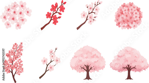 Cherry blossom flower set, Sakura pink floral branches, spring tree collection, Japanese plum blossoms, botanical nature elements, blooming garden flora.