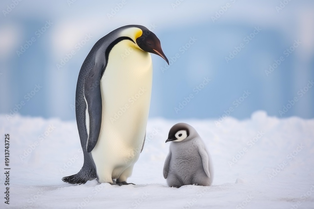 Obraz premium Emperor penguin and chick standing on a snow covered landscape with a soft blue background