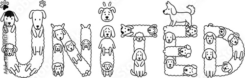 United word spelled with cute dogs, puppy alphabet typography, canine letter art, animal lover graphic, pet shop branding, doggy characters.