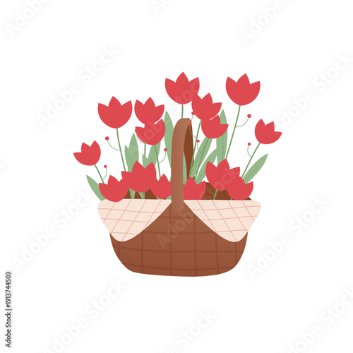 Red Tulips Bouquet in Wicker Basket