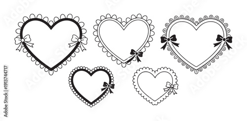Set of cute heart frames with simple scalloped lace edging and prominent black bows wedding design elements