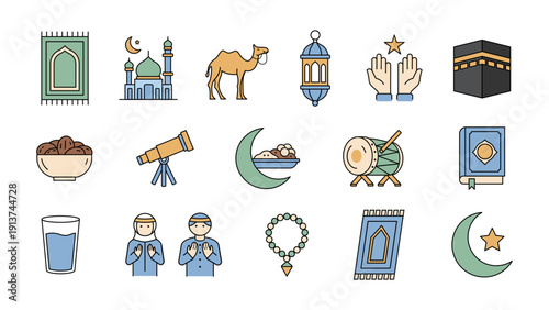 Editable Islamic Icon Collection: Ramadan, Fasting, and Eid Vector Set