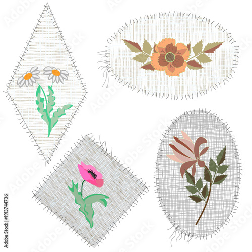  A set of vector floral applique patches on linen fabric texture