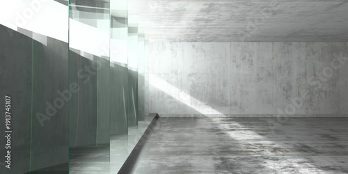 Modern minimalist concrete interior with large glass panels and natural light. 3d render