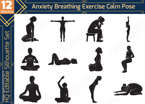 Anxiety breathing exercise calm pose silhouette set for mental health, stress relief, yoga meditation, mindfulness, and wellness therapy graphics.