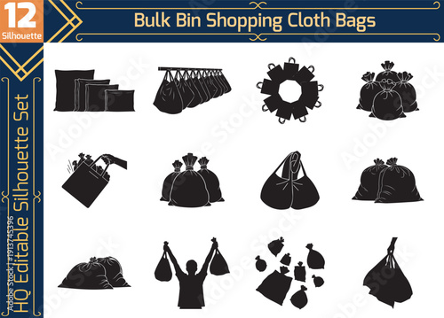 Bulk bin shopping cloth bags silhouette set. Reusable eco-friendly grocery bag icons for zero waste lifestyle and sustainable product packaging.
