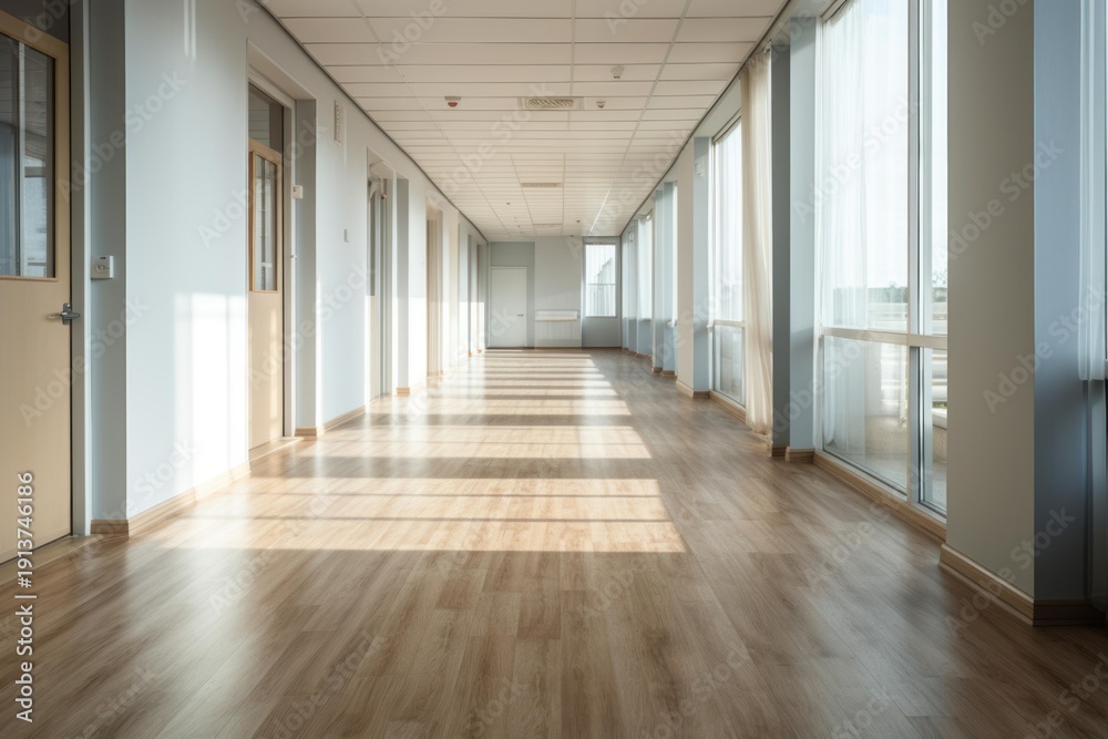 Fototapeta premium Modern empty hallway featuring natural light from large windows illuminating a wooden floor