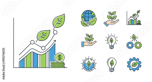 Green business growth and sustainability icons collection.