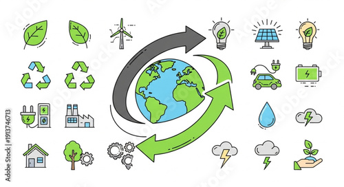 Green energy and environmental protection icons surrounding planet Earth.