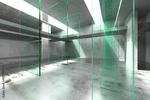 Modern architectural design with glass panels and concrete interior reflections. 3d render