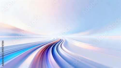Abstract blurred speed lines gradient background with white space center, light blue sky curved perspective futuristic road motion