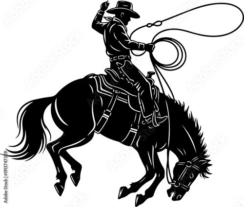Cowboy riding a wild bucking horse silhouette vector illustration