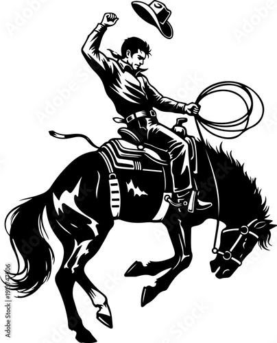Cowboy riding a wild bucking horse silhouette vector illustration