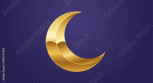 Golden Crescent Moon Icon on Dark Blue Background.