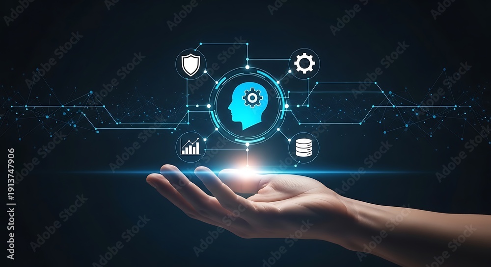 Fototapeta premium Hand holding a glowing head with gear and technology innovation