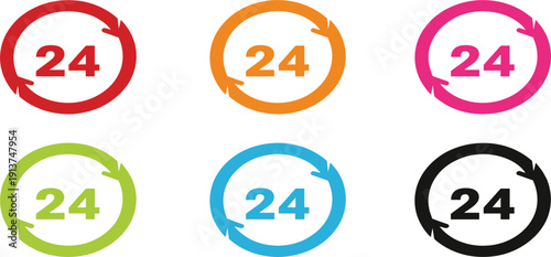 24 Hour Service Circular Arrow Icon Set in Color Variations for Customer Support Delivery Time Availability and Business Schedule Design
