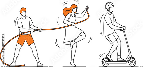 Active Kids Playing Outdoor Activities with Jump Rope and Scooter Vector Illustration Set for Healthy Lifestyle Childhood Recreation and Fitness Design