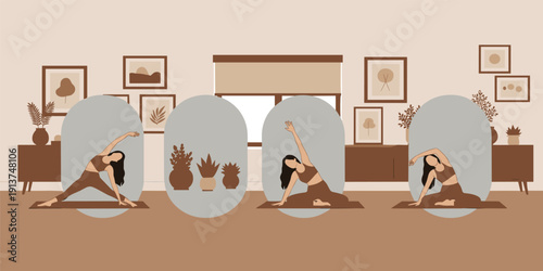 Boho Style Home Yoga Studio Illustration with Woman Practicing Mindful Stretching Poses in Cozy Room with Plants, Framed Art, and Warm Earthy Tones