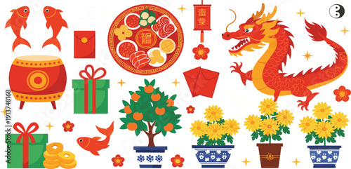 Chinese New Year Vector Element Set Featuring Traditional Red Dragon Lunar Festival Symbols Red Envelopes Lucky Coins Citrus Tree and Cultural Celebration Decorations
