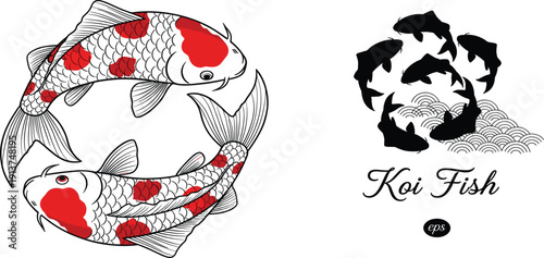 Circular Japanese Koi Fish Vector Set with Red Spotted Carp Yin Yang Composition Black Silhouettes and Traditional Seigaiha Water Wave Patterns for Logos
