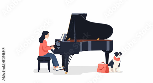 Woman plays grand piano with dog and bag beside it on white background