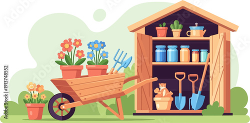 Wooden shed and wheelbarrow with potted plants and gardening tools