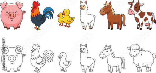 Cute Kawaii Farm Animal Vector Set Featuring Cartoon Pig Rooster Ducklings Alpaca Horse and Cow with Matching Black Line Art Coloring Page Outlines