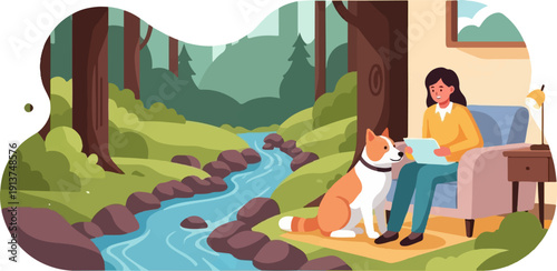 Woman reading in armchair with dog by forest stream and lamp