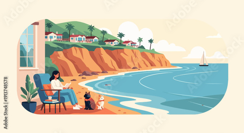 Woman reading by the sea with pets and a sailboat in the distance