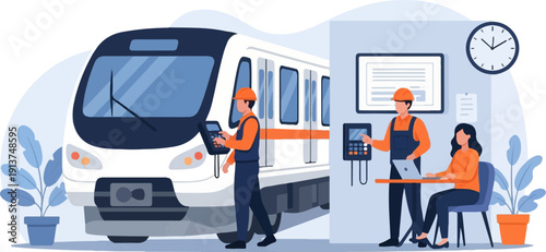 Workers interacting with technology near a modern train and in an office setting