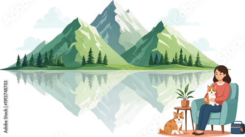 Woman relaxing with dogs by tranquil lake reflecting majestic mountains