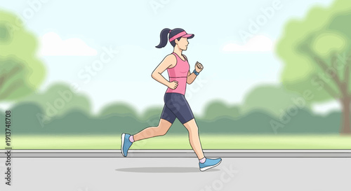 Woman running on a path with trees and clouds in background