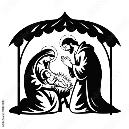 nativity, christmas, jesus, mary, joseph, manger, bethlehem, holy, religion, christian, catholic, birth, stable, baby, faith, spiritual, sacred, night, star, worship, pray, silent-night, vector, illus