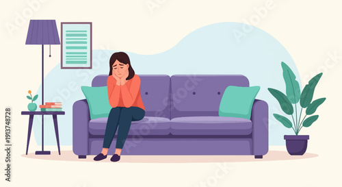 Woman sitting alone on a purple couch, head in hands, looking sad