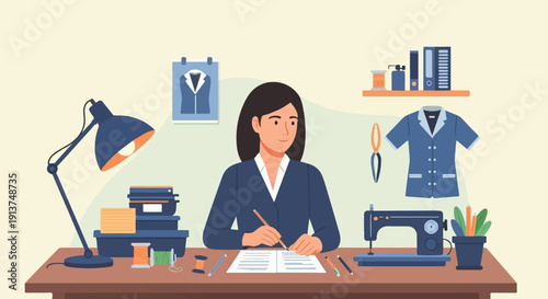 Woman sitting at a desk with sewing machine, lamp, and supplies