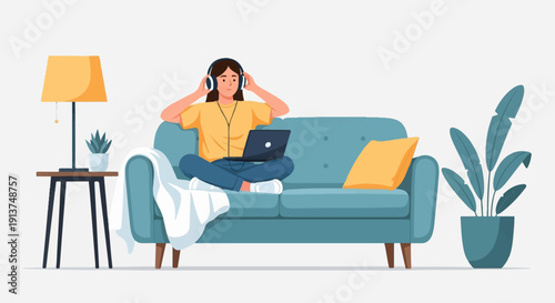 Woman sitting on a couch with headphones and laptop, surrounded by home decor